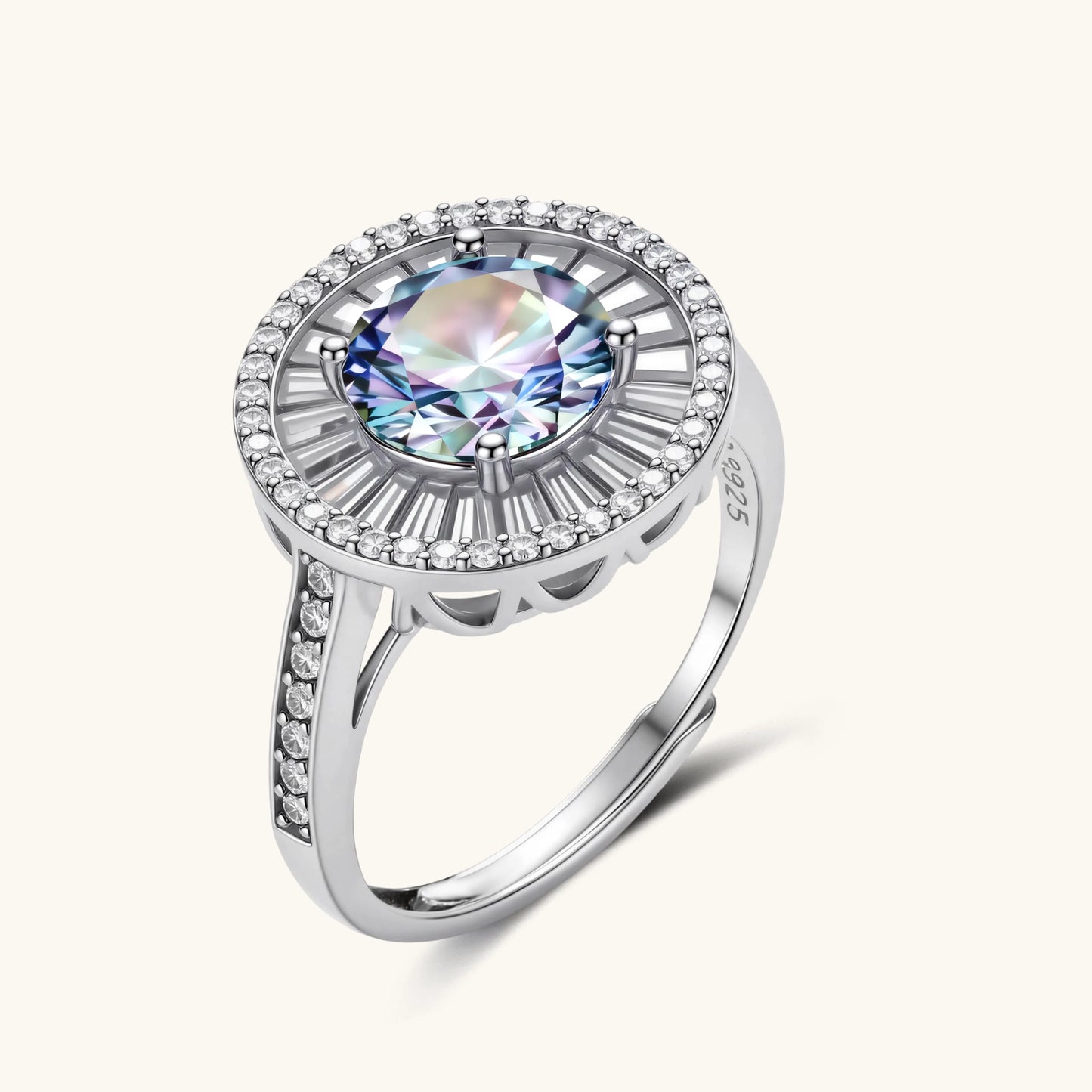 Solar Flare Ring – runder Regenbogen-Moissanit umgeben von Baguette-Steinen, 925 Silber | Orolina