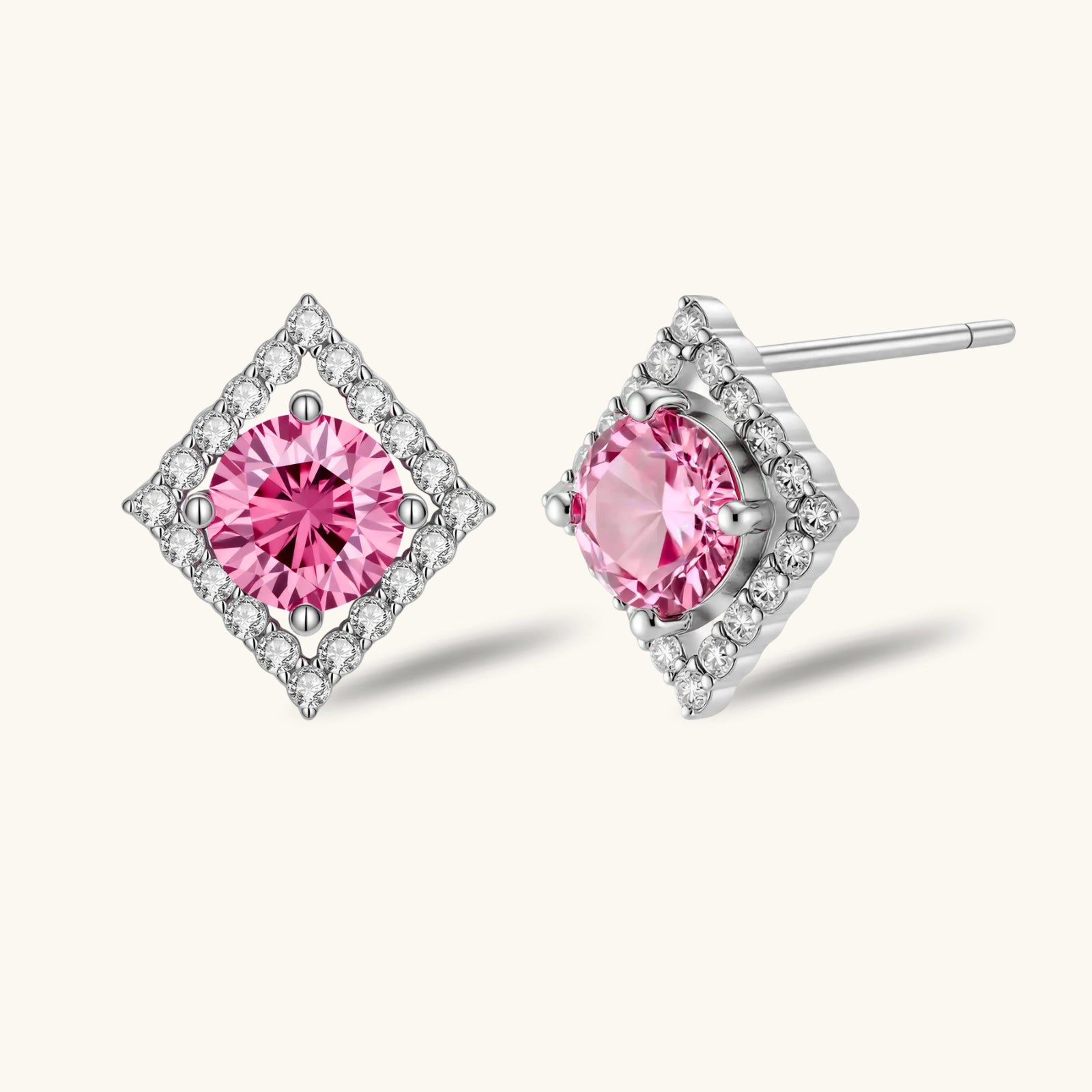 Pink Moissanit Ohrstecker – geometrisches Halo-Design in 925 Silber | Orolina