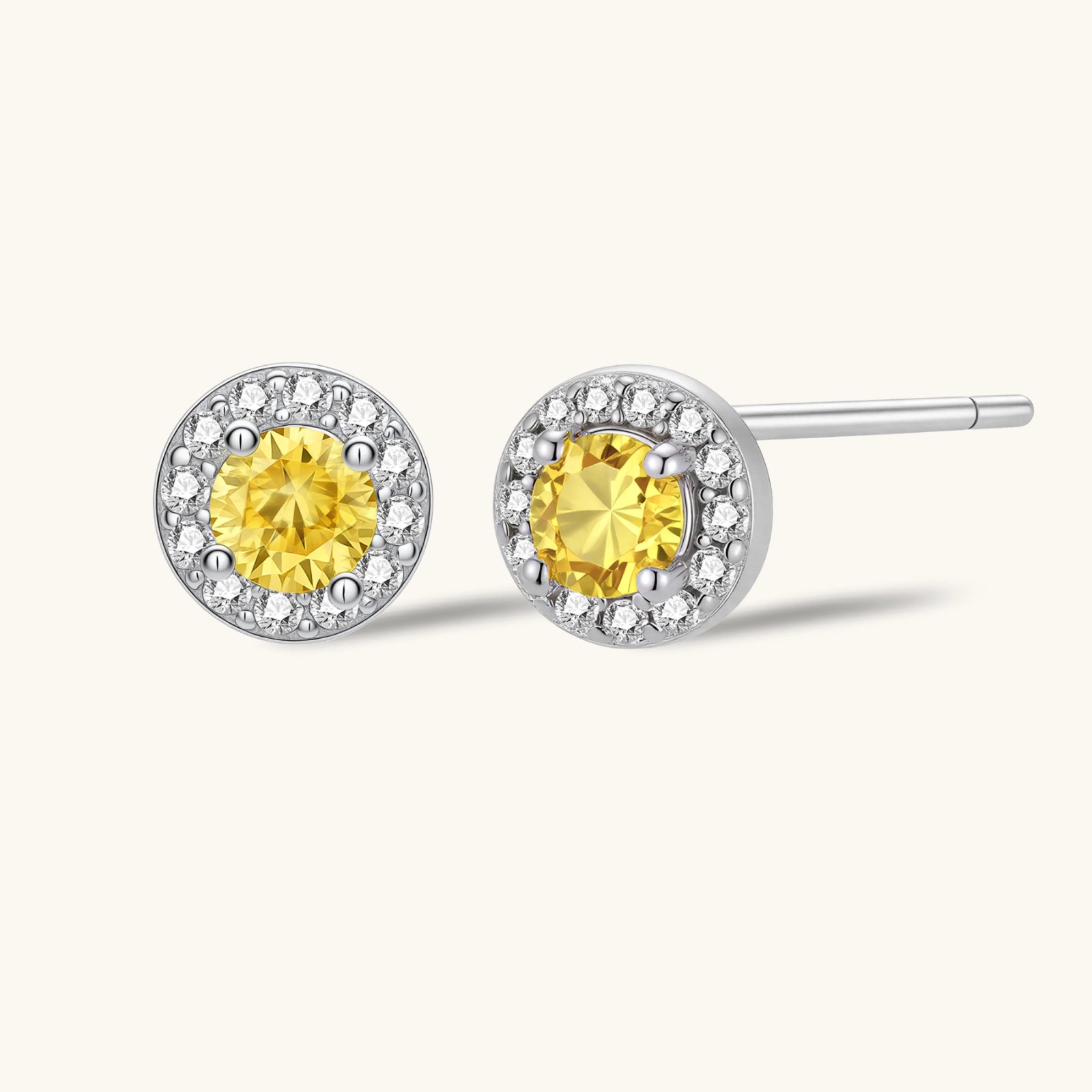 Sunburst Halo Ohrstecker – gelber Moissanit mit weißem Halo, 925 Silber | Orolina