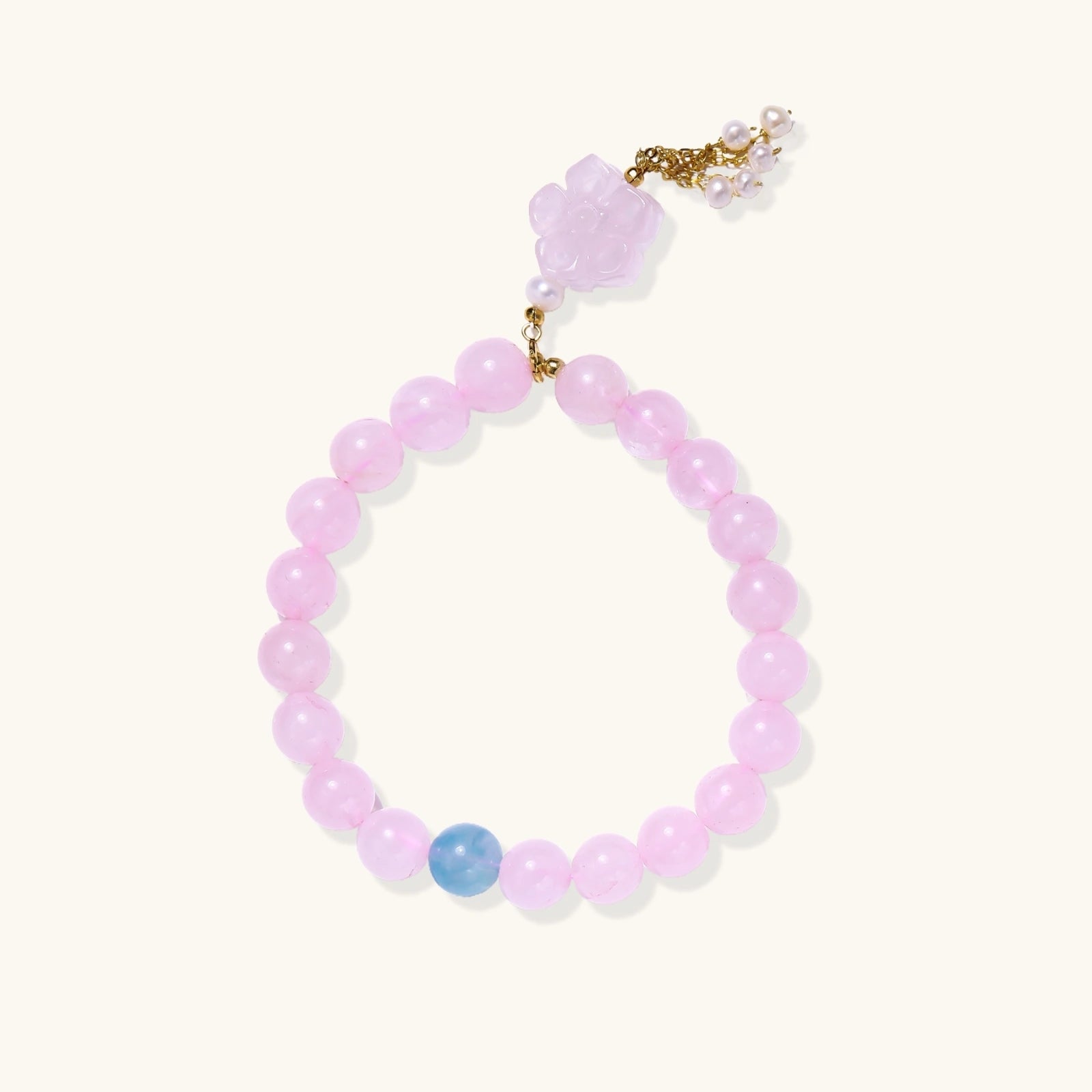 Rosenquarz Aquamarin Armband – rosa & blaue Edelsteine mit Blütenanhänger | Orolina