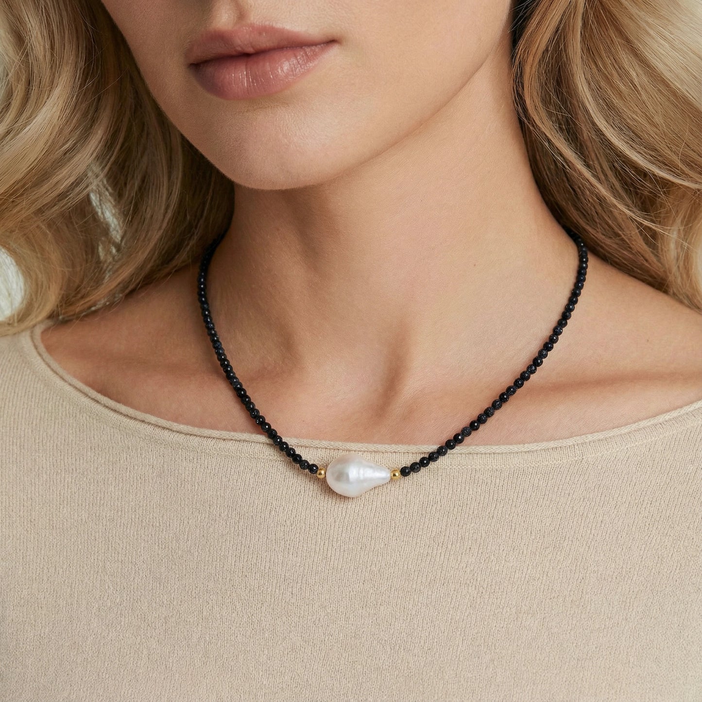 Barockperlen Kette – blauer Sandstein & Barockperle in 18K Gold Vermeil | Orolina