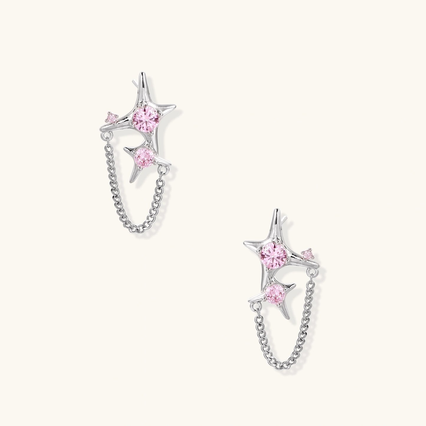 Starlight Chain Ear-Climber – Sternkette mit rosa Zirkonia, Weißgold Eco-Messing | Orolina