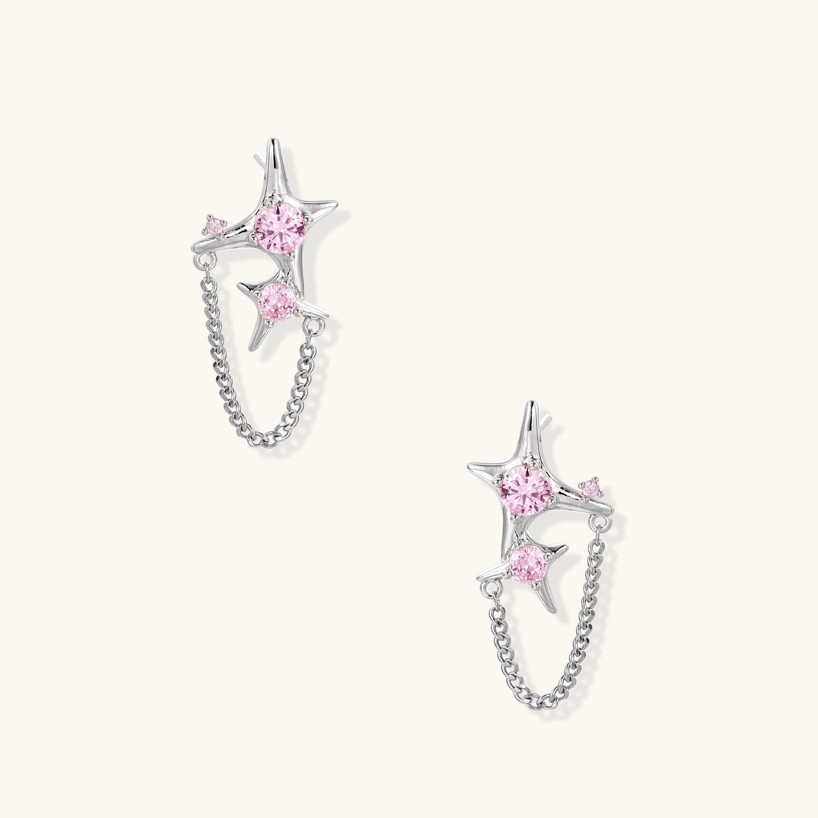 Starlight Chain Ear-Climber – Sternkette mit rosa Zirkonia, Weißgold Eco-Messing | Orolina