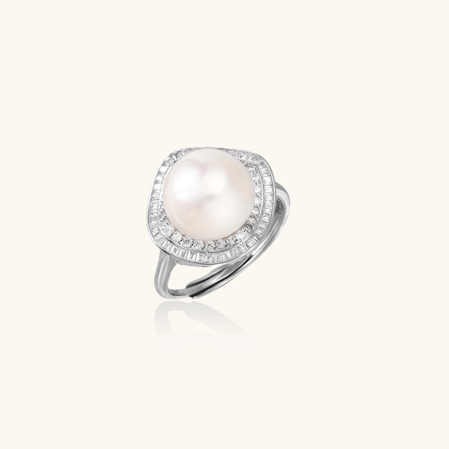 Pearl Royale Ring – Perle mit Baguette- & Rundkristall-Halo in rhodiniertem Silber | Orolina