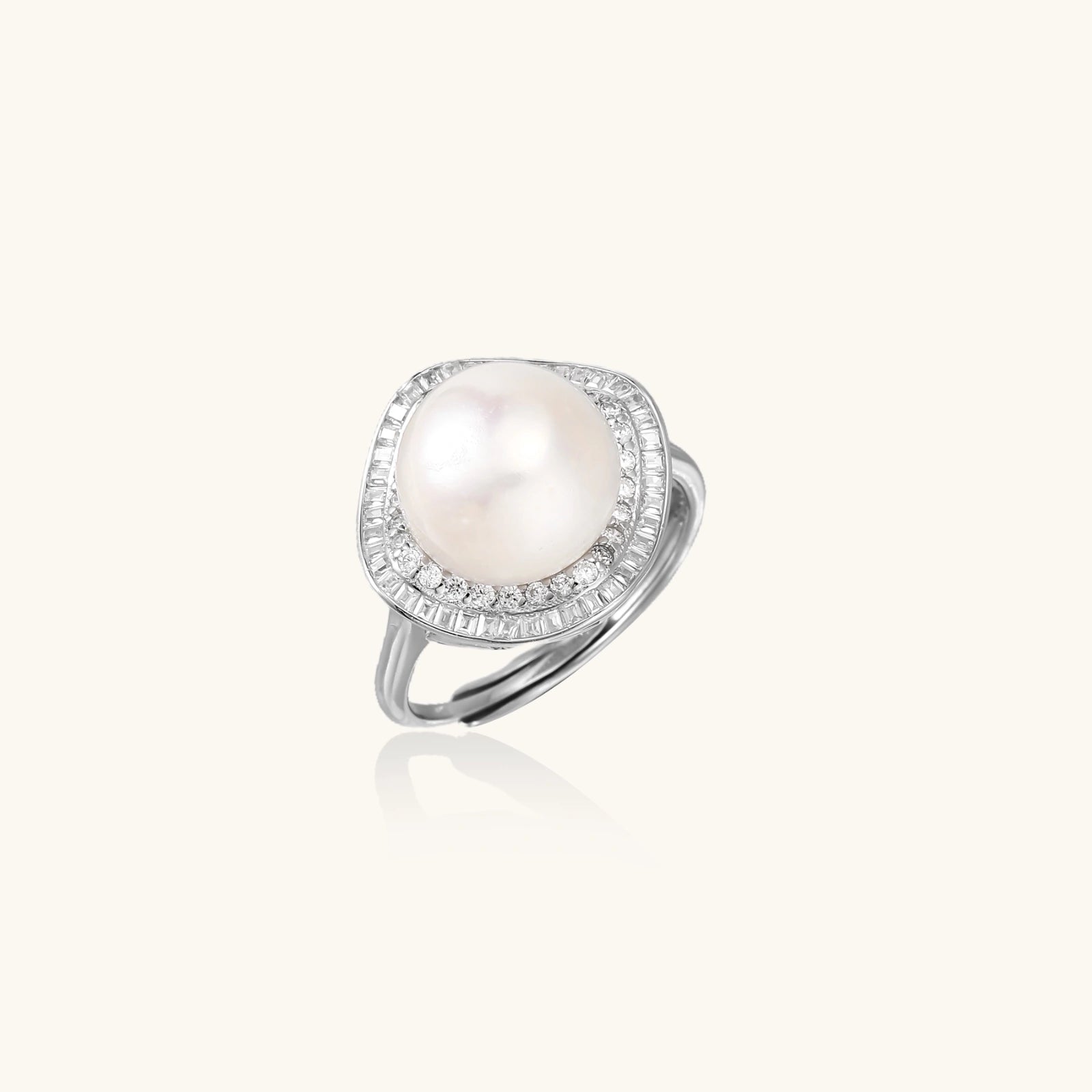 Pearl Royale Ring – Perle mit Baguette- & Rundkristall-Halo in rhodiniertem Silber | Orolina