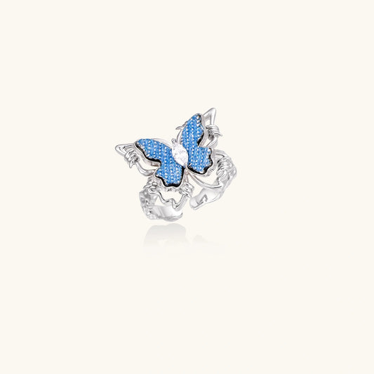 Azure Butterfly Ring – Schmetterlingsflügel aus recyceltem Denim, Zirkonia-Mitte | Orolina
