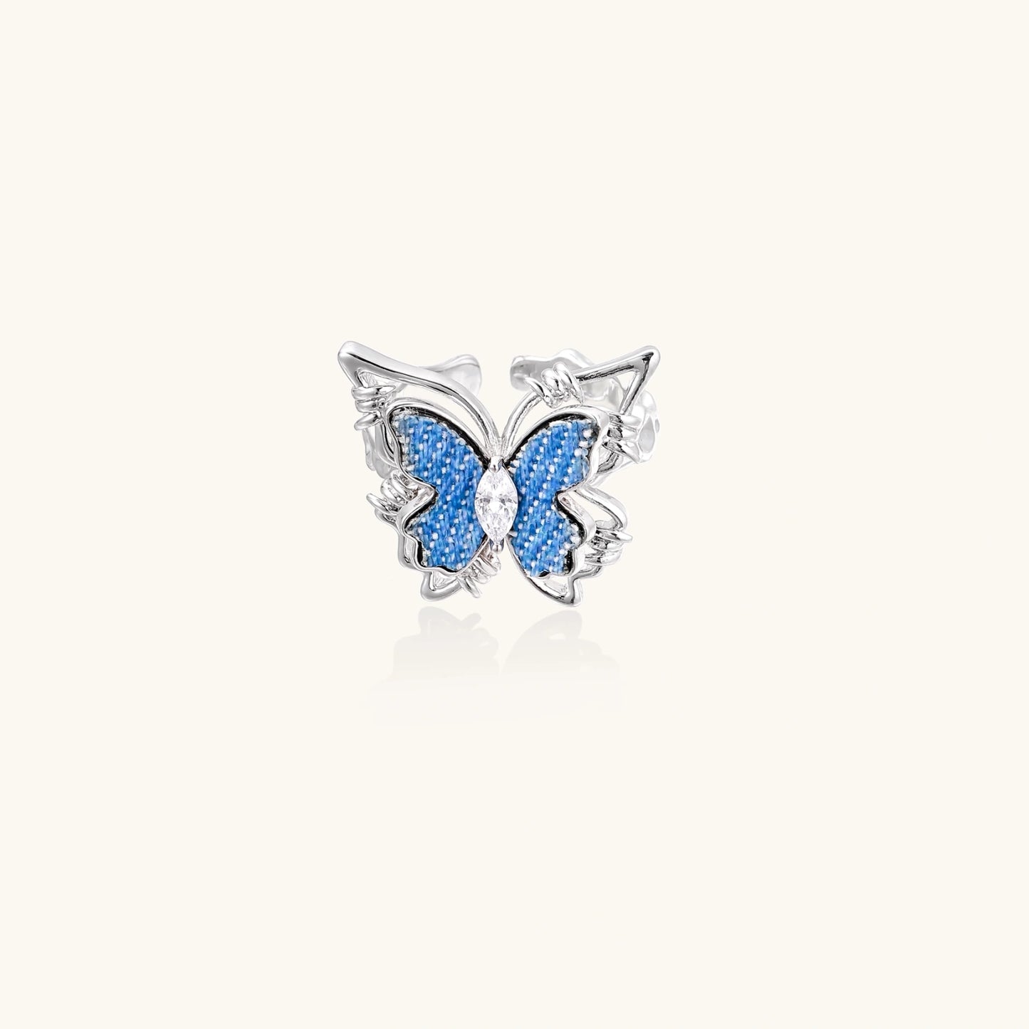 Azure Butterfly Denim Ring Detailansicht – Eco-Messing & Upcycling-Stoff | Orolina