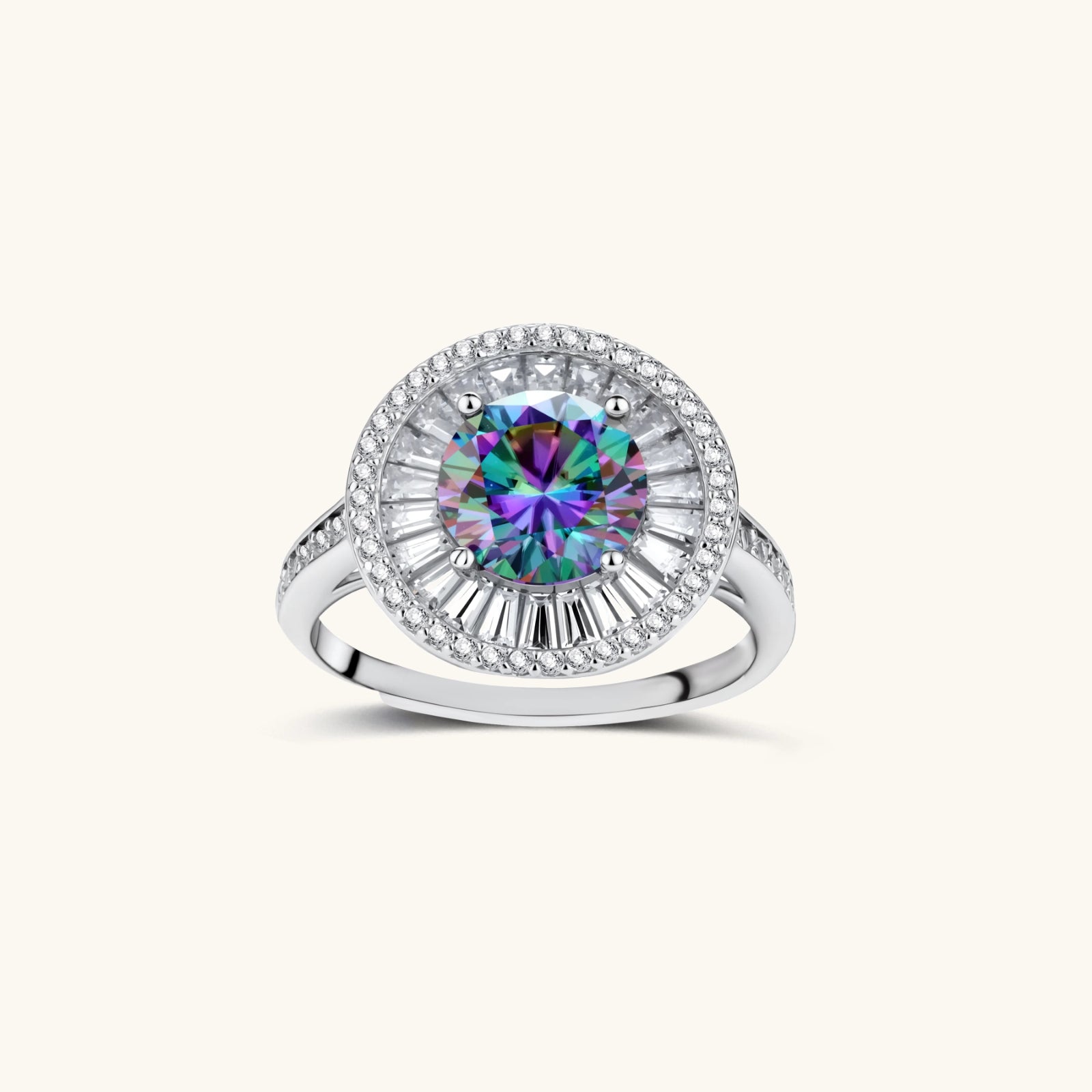Solar Flare Moissanit Ring Detailansicht – 2ct Regenbogen-Moissanit & Sterlingsilber | Orolina